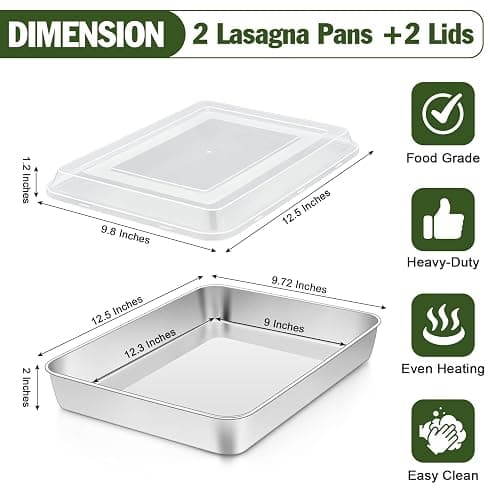 TeamFar Lasagna Pan, 12.3’’ x 9.75’’ x 2’’ Stainless Steel Rectangular Cake Brownie Baking Pan with Lid, Non-Toxic & Heavy Duty, Brush Surface & Deep Side, Dishwasher Safe-2 Pans+2 Lids thumbnail 3