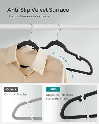 SONGMICS Velvet Hangers 50 Pack, Non-Slip Clothes Hangers, with Shoulder Notches, Pants Bar, 360° Swivel Hook, Space-Saving, for Closet, Ink Black UCRF029B05 thumbnail 4