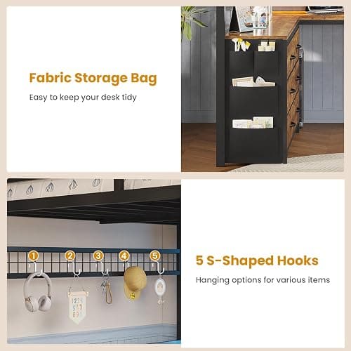 ADORNEVE Loft Bed Full Size with U-Shaped Desk, 6 Drawers, Rustic Brown | Metal Loft Bed with Power Outlet, LED Light, 2 Storage Shelves, Safety Guardrail & Ladders, No Box Spring Needed thumbnail 9