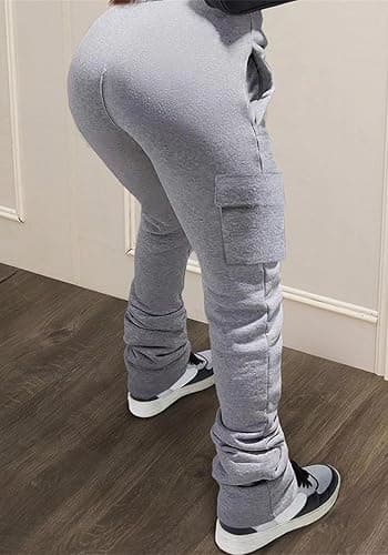 Women Cargo Sweatpants Stacked Pants Warm Fleece Drawstring Waist Casual Joggers Trousers thumbnail 2