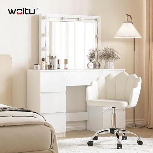 WOLTU Chaise Bureau, Chaise Coiffeuse, avec Dossier en Pétale, Ergonomique, Pivotant, Hauteur Réglable, en Velours, Cadre en Métal, Crème Blanc thumbnail 2