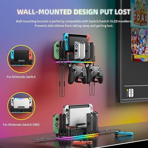 RGB Switch Wall Mount for Joy-Con Charger, Switch Holder for Nintendo Switch / OLED with Switch Organizer, Switch Accessories with 15 Light Mode, 4 Controller Charger, 2 USB Port, 10 Card Slot thumbnail 2