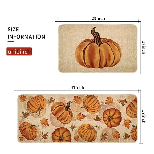 Fall Pumpkin Kitchen Mats Set of 2, Autumn Kitchen Rugs, Non-Slip Absorbent Door Mats, Seasonal Thanksgiving Home Decor Kitchen Floor Mat 17x29 and 17x47 Inch DM087 thumbnail 3