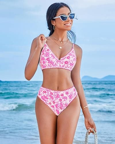DaiLiWei High Waisted Bikini Sets Womens Bathing Suits Tummy Control 2 Piece Swimsuit Full Coverage Floral Swim Suits thumbnail 2