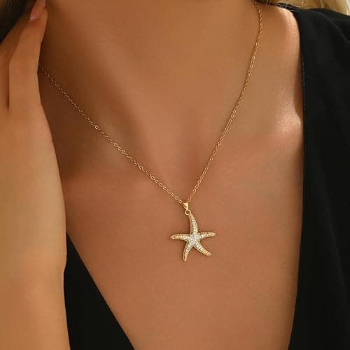 NONAMOIS 18K Gold Plated CZ Starfish Moon Lucky Horseshoe Pendant Necklace for Women Created Round White Opal Choker Necklace Dainty Stainless Steel Jewelry Gifts thumbnail 4