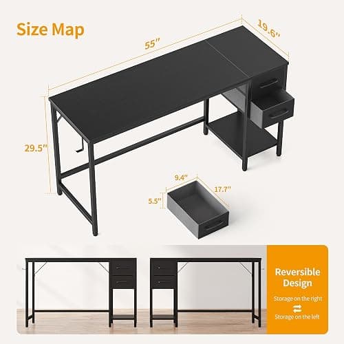 CubiCubi Computer Desk with 2 Drawers, 55 Inch Small Home Office Desk Study Writing Table, Black thumbnail 3