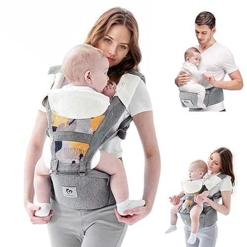 Baby Carrier, Bellababy Multifunction Baby Carrier Hip Seat (Ergonomic M Position) for 3-36 Month Baby, 6-in-1 Ways to Carry, All Seasons, Adjustable Size, Perfect for Shopping Travelling, Grey - Image 1
