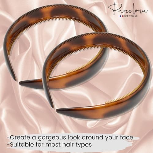 Parcelona French Bold 3/4" Wide Set of 2 Celluloid Hair Headbands Very Flexible Strong Hold Grip No Slip Inner Teeth Durable Styling Women Hair Accessories, Made in France (Tortoise Shell Brown) thumbnail 2