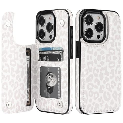 HAOPINSH iPhone 15 Pro Case Wallet with Card Holder, White Leopard Cheetah Pattern PU Leather Kickstand Case for Women, Double Magnetic Clasp, 6.1" - Image 1