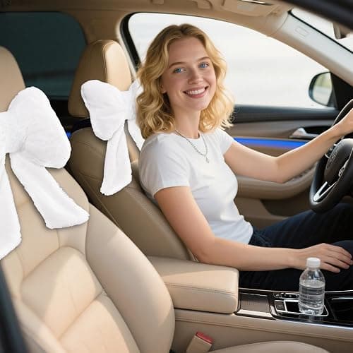 iHUFeather 2 Pack Bow Car Headrest Pillows Plush Car Neck Pillows for Travel Driving Office Chair Head Support Cushions, Also Cute Car Decor Accessories (White) thumbnail 7