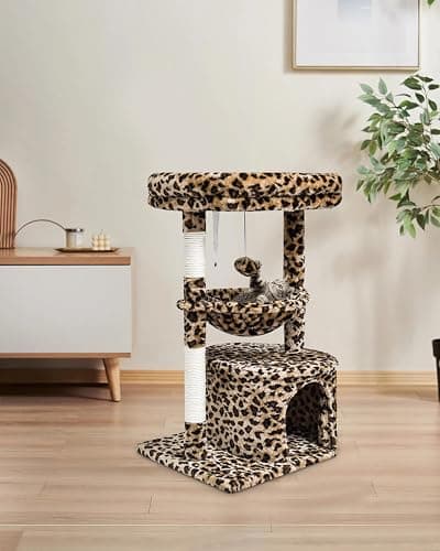 SYANDLVY Small Leopard Print Cat Tree for Indoor Cats, Cat Tower with Scratching Post, Modern Cat House with Padded Perch, Kittens Condo with Cradle, Cat Cave - 29.6" - Leopard Print thumbnail 2