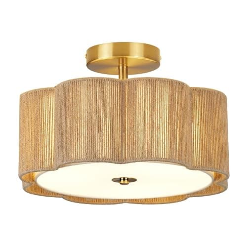 HILUXIA Boho Rattan Ceiling Light Fixture, 3-Light Semi Flush Mount Woven Ceiling Lamp with Gold Canopy, Dimmable Floral Wicker Ceiling Light for Bedroom Dining Room Kitchen Hallway Entryway Foyer - Image 1
