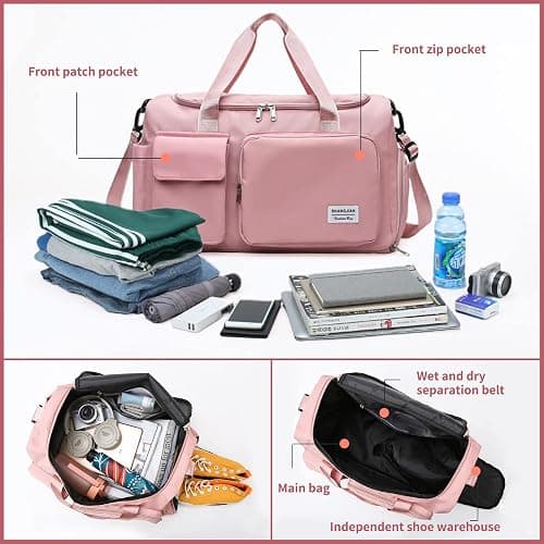 Aedcbaide Travel Bag,Gym Bag Womens,Duffle Bag with Shoe Compartment,Lightweight Foldable Weekend Bags for Women,Dry and Wet Overnight Bags for Women,Sports Bag for Woman Man(Pink) thumbnail 5