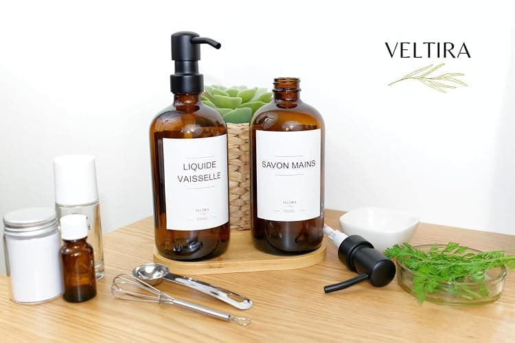Distributeurs de Savon en Verre - Pack de 2 - Savon Mains - Liquide Vaisselle - Gel Douche - Shampoing - Plateau en Bois, Entonnoir Plastique, Etiquettes - Accessoires Salle de Bain Cuisine (Ambre) thumbnail 7