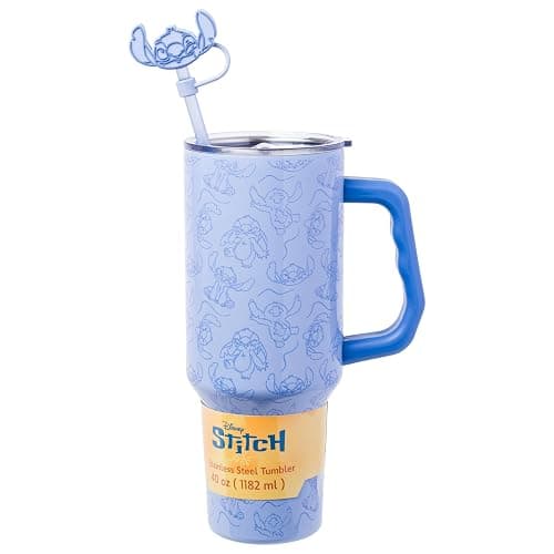 Silver Buffalo Disney Lilo and Stitch, Stainless Steel Tumbler, 40oz | Poses Pattern, Double Walled, Handle and Straw, Cover Cap, Fits in Standard Cup Holder, 1.18 Liters - Image 1