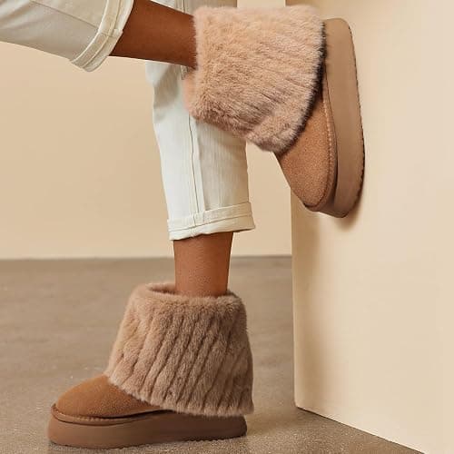 Pasuot Women's Beige Platform Fur Boots - Genuine Cow Suede, Faux Fur, Winter, Ankle-High, Casual, Anti-slip Sole, Pull-On, Round Toe, Bootie - 7.5 - Chestnut thumbnail 2