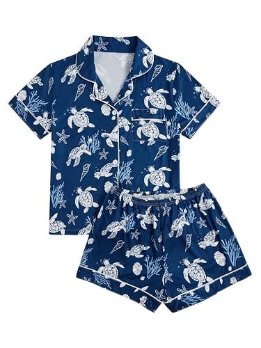 WDIRARA Women's 2 Piece Sea Turtle Graphic Pajama Set Shorts Loungewear | Sea Beach Print,Whale Shark,Button Down,Pjs Sets,Short Sleeve,Summer - Image 1