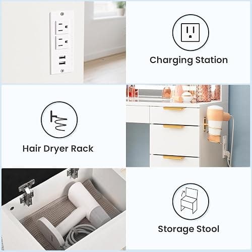 Pamapic Glass Top Vanity Desk with Mirror and Lights, 11 Drawers Makeup Vanity with Charging Station and Chair, Golden Handles Dressing Table, 3 Lighting Modes Makeup Table, White thumbnail 7