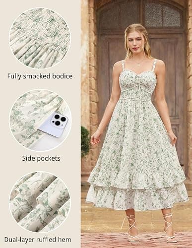 Scarlet Darkness Women's Floral Cottagecore Dress Smocked A Line Casual Milkmaid Sundress with Pockets thumbnail 5
