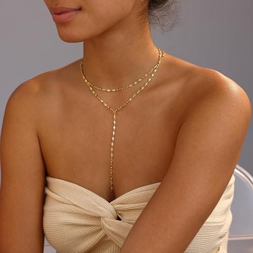 Fwlisesa Gold Necklace for Women, Dainty Gold Long Necklaces 14k Gold Plated Prom Lariat Necklace Cute Choker Necklaces for Women Trendy Stuff Fashion Costume Gold Accessories Christmas Jewelry Gifts thumbnail 3