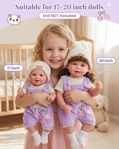 BABESIDE 4-Piece Baby Doll Clothes for 17-20 Inch Dolls, Purple Bear Outfit | Purple Bear Doll Outfit with Striped Top, Overalls, Bear-Ear Hat and Socks for Dress-Up and Pretend Play thumbnail 3