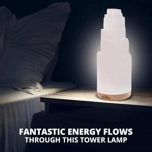 Himalayan Glow Selenite Crystal Lamp 20cm, Hand Curved Morocco |Skyscraper| Crystals and Healing Stones,(ETL Certified) with Wooden Base & USB Charging Cable For Healing Cleansing & Meditation thumbnail 9