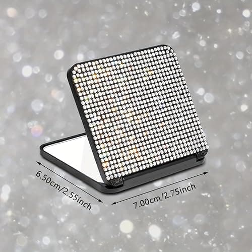 Sparkly Rhinestone Small Folding Mirror Cute Bling Mini Handheld Makeup Mirror Portable Travel Pocket Mirror Crystal Cosmetic Mirror (Black) thumbnail 3
