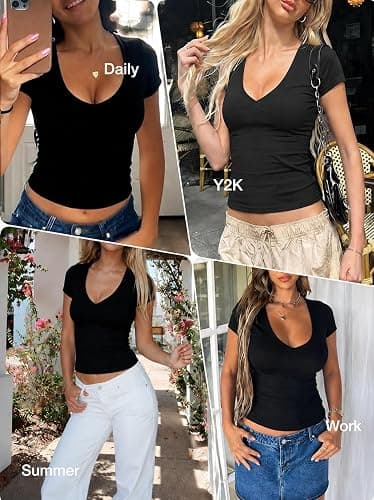Danysu Nude Built in Bra Cotton V Neck Short Sleeve T Shirt No See Through Stretchy Fitted Basic Tops Summer Going Out Tee thumbnail 3
