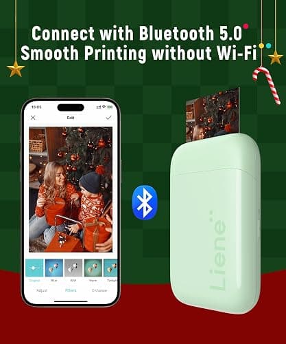 Liene Photo Printer, 2x3” Mini Portable Instant Photo Printer Bundle w/ 50 Zink Adhesive Paper, Bluetooth 5.0, Compatible w/iOS & Android, Small Color Mono Picture Printer for iPhone, Smartphone Green thumbnail 6