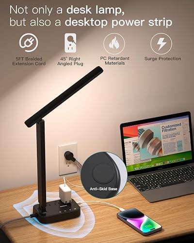 Addtam LED Desk Lamp, Power Strip with 3 Outlets 4 USB Charging Ports(2 USBC), 4 Modes 5 Level Brightness Touch Lamp, Small Desk Lamp for Home Office College Dorm Room Essentials thumbnail 6