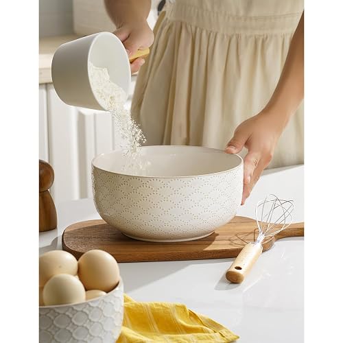 Mikiegy Ceramic Mixing Bowls Set of 4, Nesting Ceramic Embossment Stoneware Mixing Bowls for Cooking, Serving, Popcorn, Salad etc, Microwave & Dishwasher Safe, 20/44/98/145 oz, Off-White thumbnail 5