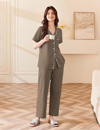 Ekouaer Women's 100% Cotton Pajamas Set Short Sleeve Button Down Pjs 2 Piece Soft Sleepwear with Long Pants Lounge Set thumbnail 3