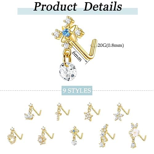 ORAZIO 9 PCS Dangle Nose Rings - L Shaped for Women, 20G Stainless Steel Nose Rings Studs with CZ Cross, Crown, Flower, Heart Dangling Piercing Jewelry - L-Gold Tone thumbnail 3