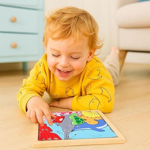 LovesTown Wooden Stacking Puzzle, 12PCS, Sea Animal | for Toddler, Preschool Learning, Montessori Toy, Develops Balance, Focus & Fine Motor Skills, Screenless Play thumbnail 2