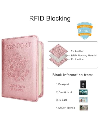 WALNEW Passport Holder for Travel, RFID Passport Cover Wallet for Women Men, PU Leather Passport Book Card Holder Case with Pen (Elastic Band Closure, A-Rosegold) thumbnail 3