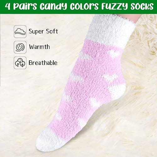 PLULON 4 Pairs Fuzzy Socks Women Non Slip Socks Winter Warm Cozy Sleep Slipper Hospital Fluffy Socks Grips Home Christmas thumbnail 4