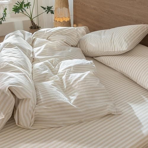 MooMee Striped Duvet Cover Set 100% Washed Cotton Linen Like Textured Breathable Durable Soft Comfy (Almond Milk Grey Classic Stripes, Queen 90"x90") thumbnail 8