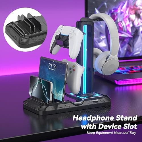 KDD Headset Stand with Charging Station - Detachable Controller Holder with 9 Light Modes - Rotatable Headphone Hanger with USB A&C Charger Ports - Earphone Hook for PC Gaming Accessories Storage thumbnail 2