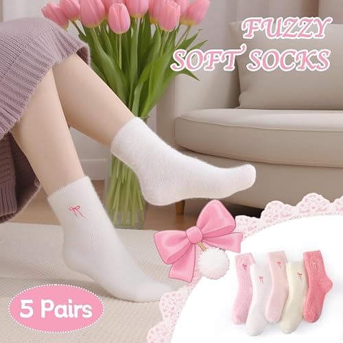 Jspupifip 5 Pairs Bow Fuzzy Socks for Women Cozy Soft Fluffy Slipper Sock Warm Winter Thick Home Sleeping Gradient Pink thumbnail 5