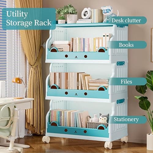 Roqao Book Cart, 4 Tier Rolling Cart, Movable Rolling Bookcase, Book Shelf for Kids Rooms, Rolling Utility Cart with Lockable Casters for Classroom, Study, Office, Bedroom - Sky Blue thumbnail 7