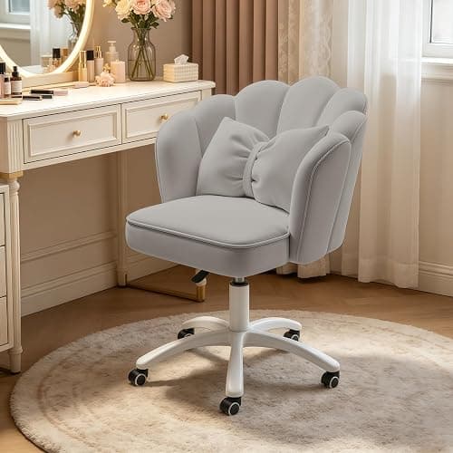 XUEGW Petal Desk Chair with Bow Cushion Velvet Vanity Chair with Wheels, Upholstered Home Office Chair for Girls Women, Mid-Back Swivel Computer Task Chairs for Living Room Bedroom - Image 1