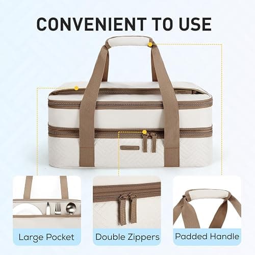 TOURIT Double Decker Insulated Casserole Carrier for Hot or Cold Food Expandable Thermal Food Carrier for Picnic Cookouts Potluck Parties Fits 9" x 13" Baking Dish thumbnail 4