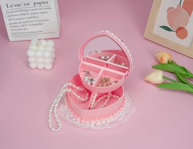 Stylor Coquette Room Decor Aesthetic, Heart Shaped Jewelry Box for Girls, Fake Cherry Pink Cake, Cute Kawaii Decorative Storage Accessories. thumbnail 2