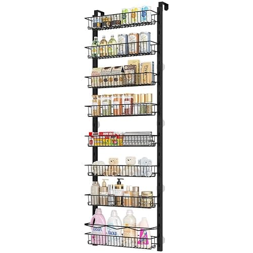 MIAOLI Over the Door Pantry Organizer, 8-Tier Adjustable Spice Rack Cabinet Door Shelves, Hanging Seasoning Organizer for Kitchen Bathroom, Laundry Room Organization, Black - Image 1