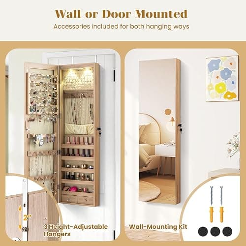 Giantex Wall or Door Mounted Jewelry Armoire with 47.5" Full Length Mirror, Lockable Cabinet with 2 LED Lights, 2 Drawers, Over the Door Large Jewelry Storage Organizer (Light Oak) thumbnail 6