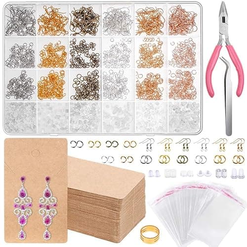 Anezus Earrings Hooks for Jewelry Making, 2000Pcs Kit With Fish Hook Earrings, Cards, Plier, Backs and Jump Ring for Earring Repair