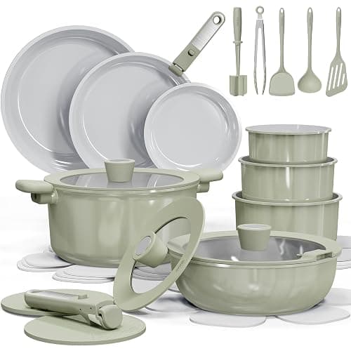 CAROTE 27pcs Ceramic Cookware Set Nonstick, Pots and Pans Set Non Stick, Non Toxic Cookware Detachable Handles, Dishwasher/Oven Safe, RV/Camping Cookware, Pan and Pot with Kitchen Utensils, Green - Image 1