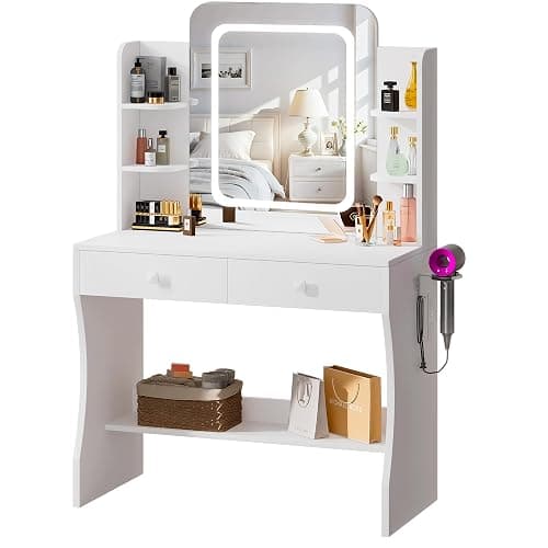 LIVELYGLOW Makeup Vanity Desk with Smart LED Mirror and Power Outlet, Small Makeup Vanity Table with 2 Drawer and 5 Shelves, Dressing Table-White - 01_white - LED Vanity with Shelves thumbnail 3