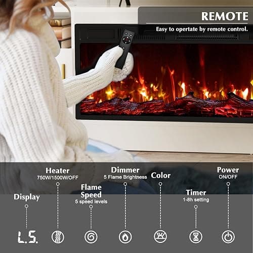 LEMBERI 70" Fireplace TV Stand for TVs up to 80", 36" Electric Fireplace 750W/1500W Entertainment Center with 20-Color LED, 300lbs Max Capacity High Gloss Storage Cabinet Console, White thumbnail 4