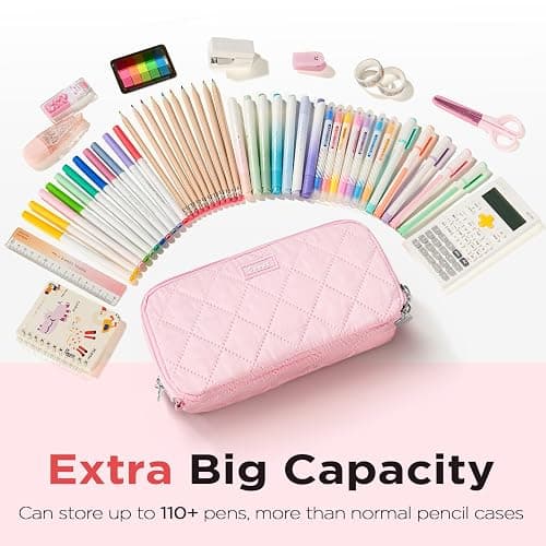 Sooez Large Pencil Case Pouch,Extra Big Pencil Bag with 8 Compartments,Pen Bag Wide Opening,Soft Quilted Pencil Pouch Organizer with Zipper,Portable Pencil Case for Teen Girls,Beige - Beige thumbnail 5